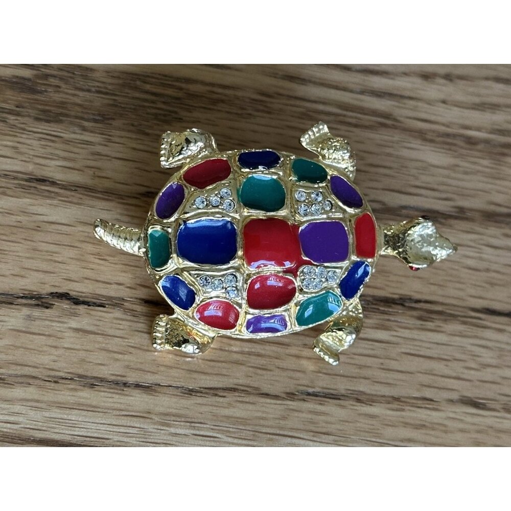 Crystal Rhinestone Turtle Brooch Pin Gold Toned Enamel Multi-Colored